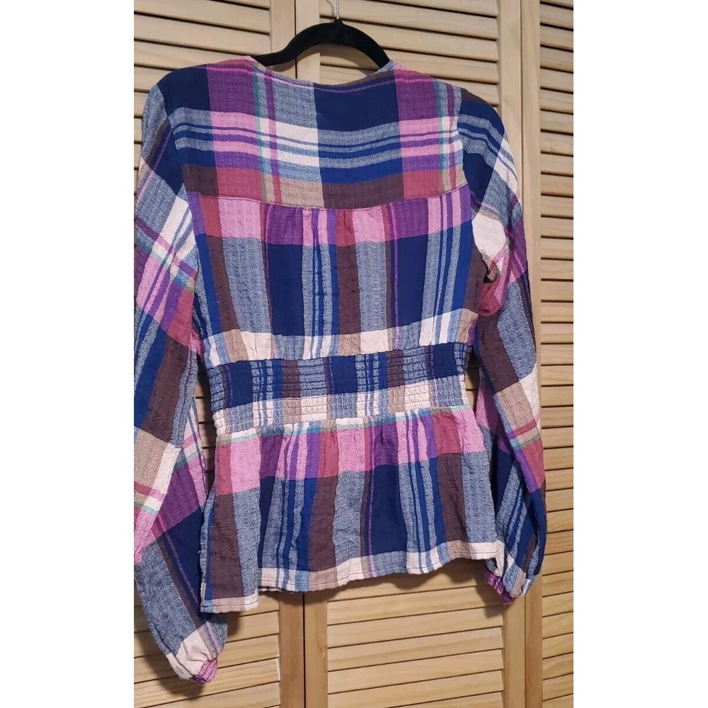 Anthropologie Pilcro Deep V Blouse Plaid Pink Medium Top Shirt Long - Picture 5 of 9